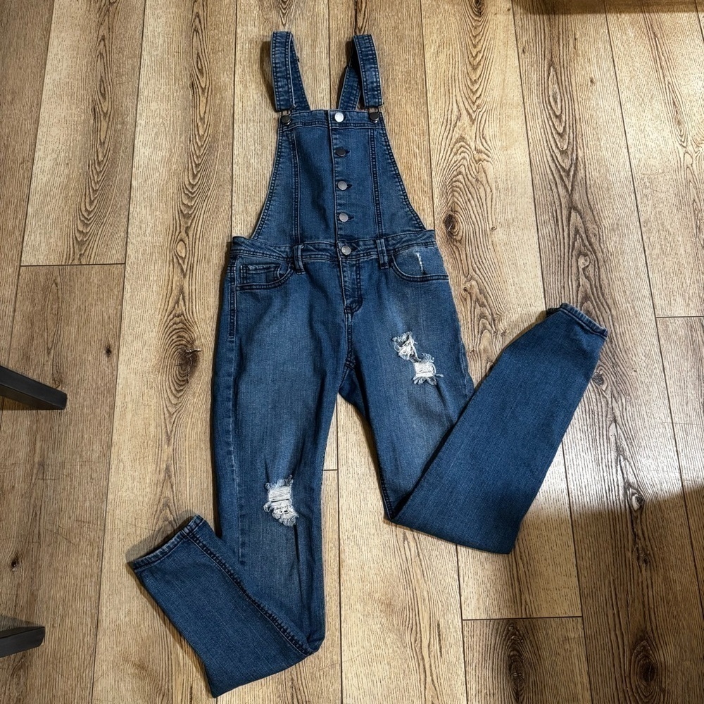 Harper blue jean denim distressed overalls, button up, pockets, straight leg, M. - Picture 2 of 14